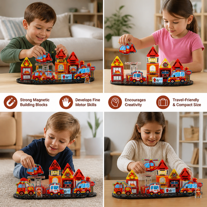 40-Piece Magnetic Travel Building Set with Construction, Fire Truck & Police Vehicles