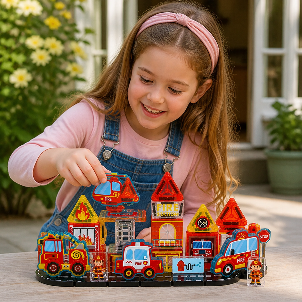 40-Piece Magnetic Travel Building Set with Construction, Fire Truck & Police Vehicles