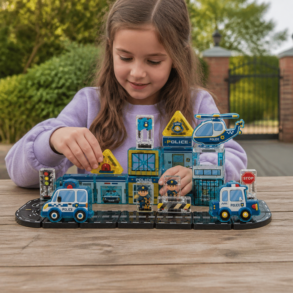 40-Piece Magnetic Travel Building Set with Construction, Fire Truck & Police Vehicles