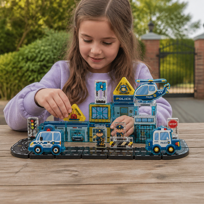 40-Piece Magnetic Travel Building Set with Construction, Fire Truck & Police Vehicles