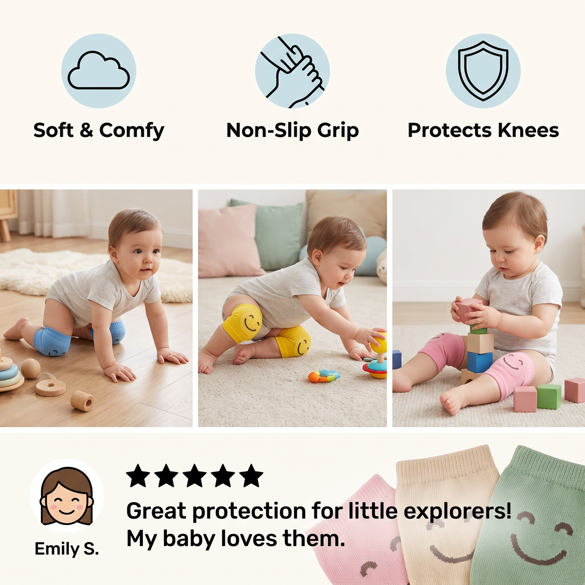 Baby Crawling Knee Pads – Non-Slip Protection with Smiley Face Design