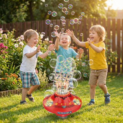 Light-Up UFO Bubble Machine for Kids – Rechargeable Spinning Bubble Blaster with LED Effects
