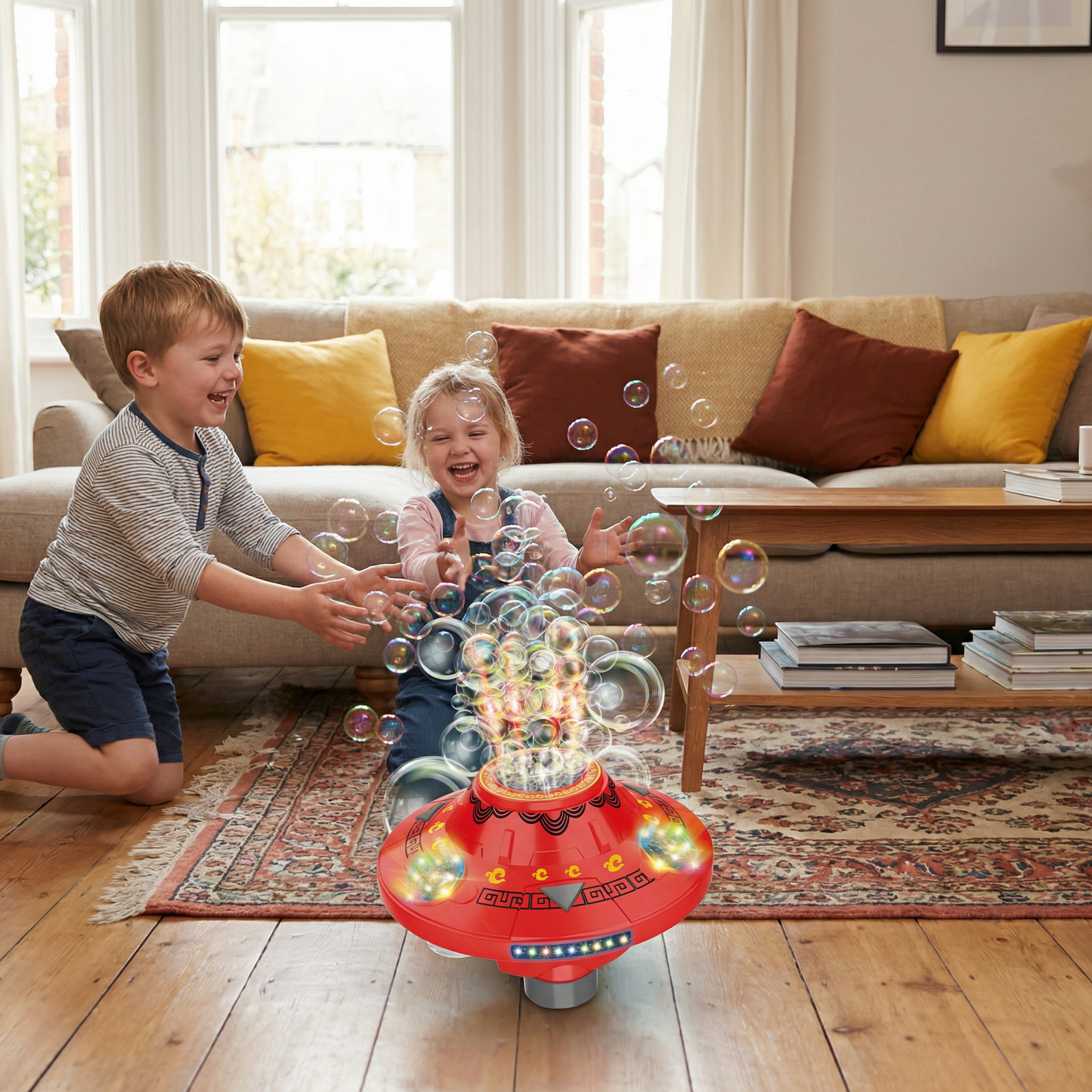 Light-Up UFO Bubble Machine for Kids – Rechargeable Spinning Bubble Blaster with LED Effects