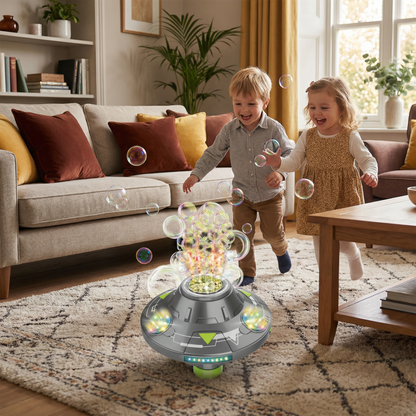 Light-Up UFO Bubble Machine for Kids – Rechargeable Spinning Bubble Blaster with LED Effects