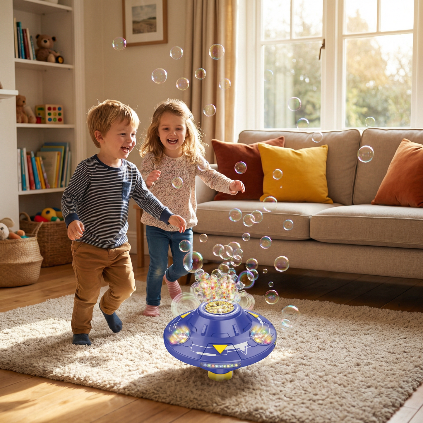 Light-Up UFO Bubble Machine for Kids – Rechargeable Spinning Bubble Blaster with LED Effects