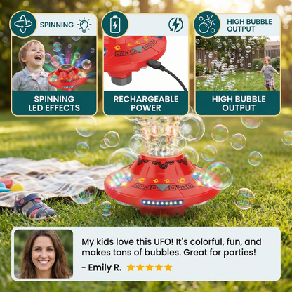 Light-Up UFO Bubble Machine for Kids – Rechargeable Spinning Bubble Blaster with LED Effects