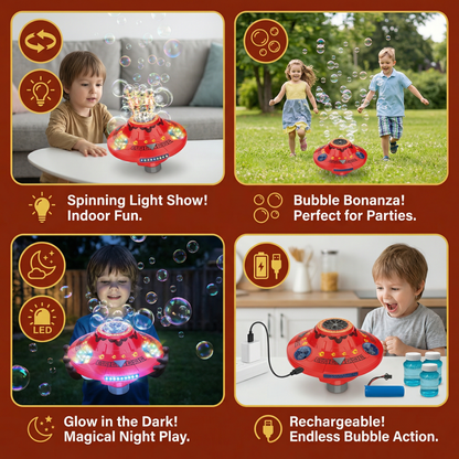 Light-Up UFO Bubble Machine for Kids – Rechargeable Spinning Bubble Blaster with LED Effects