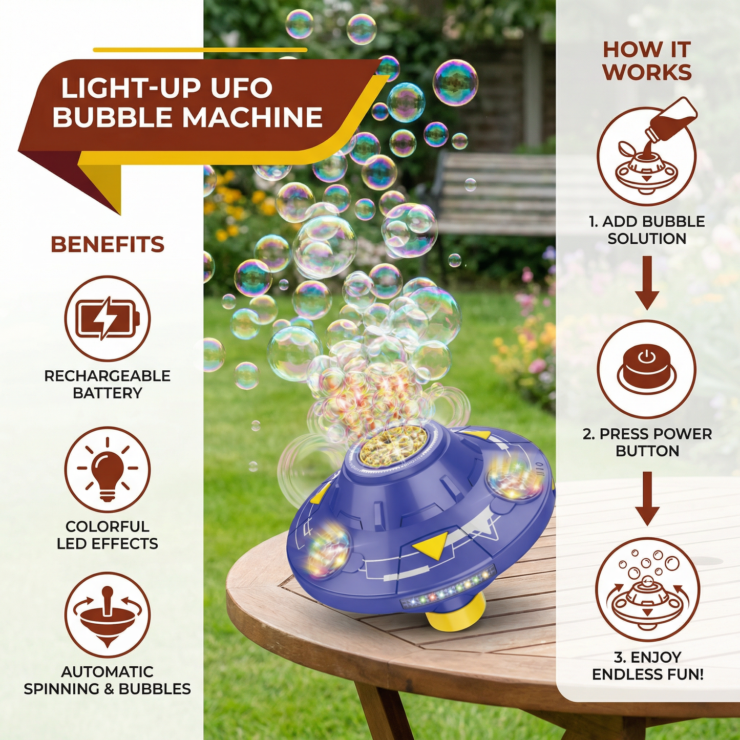 Light-Up UFO Bubble Machine for Kids – Rechargeable Spinning Bubble Blaster with LED Effects