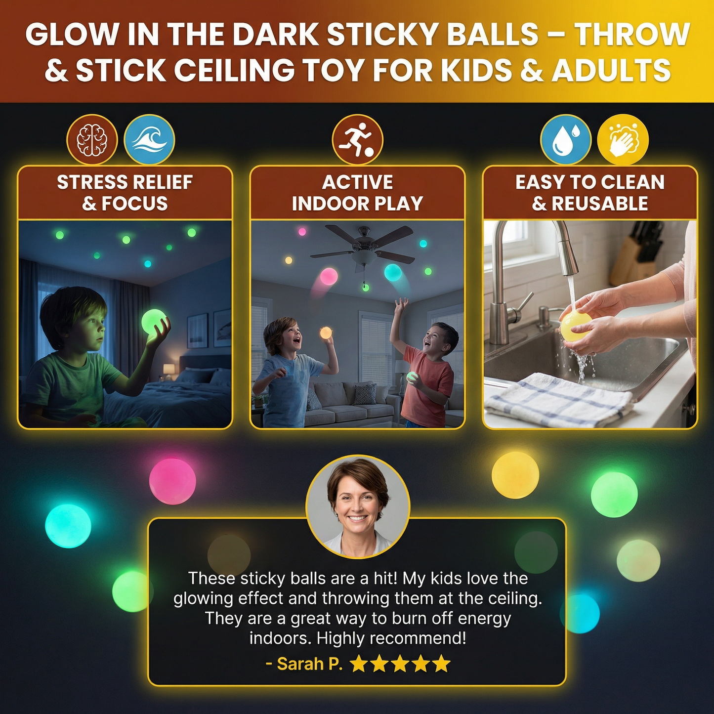 Glow in the Dark Sticky Balls – Throw & Stick Ceiling Toy for Kids & Adults