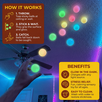 Glow in the Dark Sticky Balls – Throw & Stick Ceiling Toy for Kids & Adults