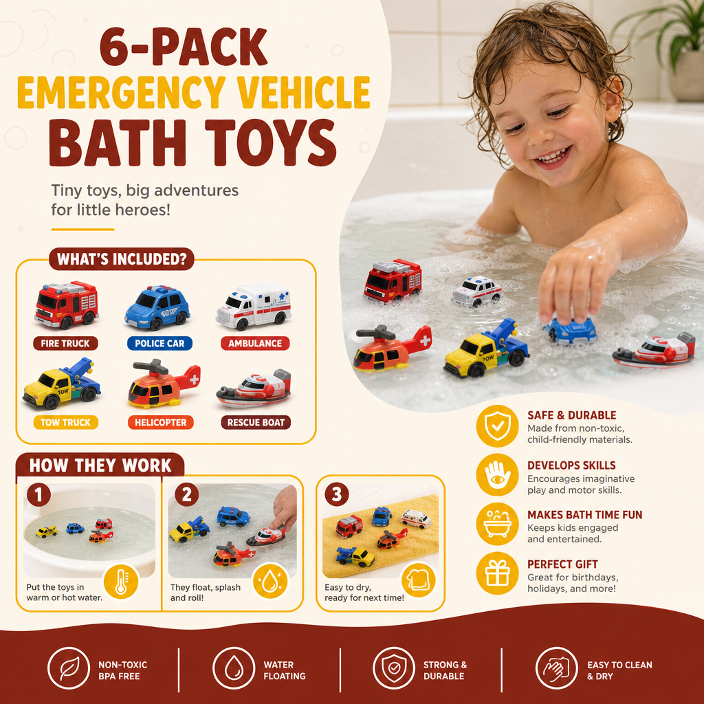 6-Pack Color-Changing Emergency Vehicle Bath Toys for Babies & Toddlers