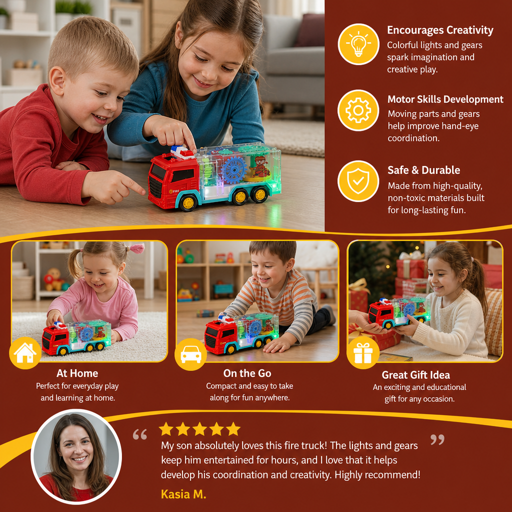 Interactive Fire Truck Toy with Colorful Moving Gears