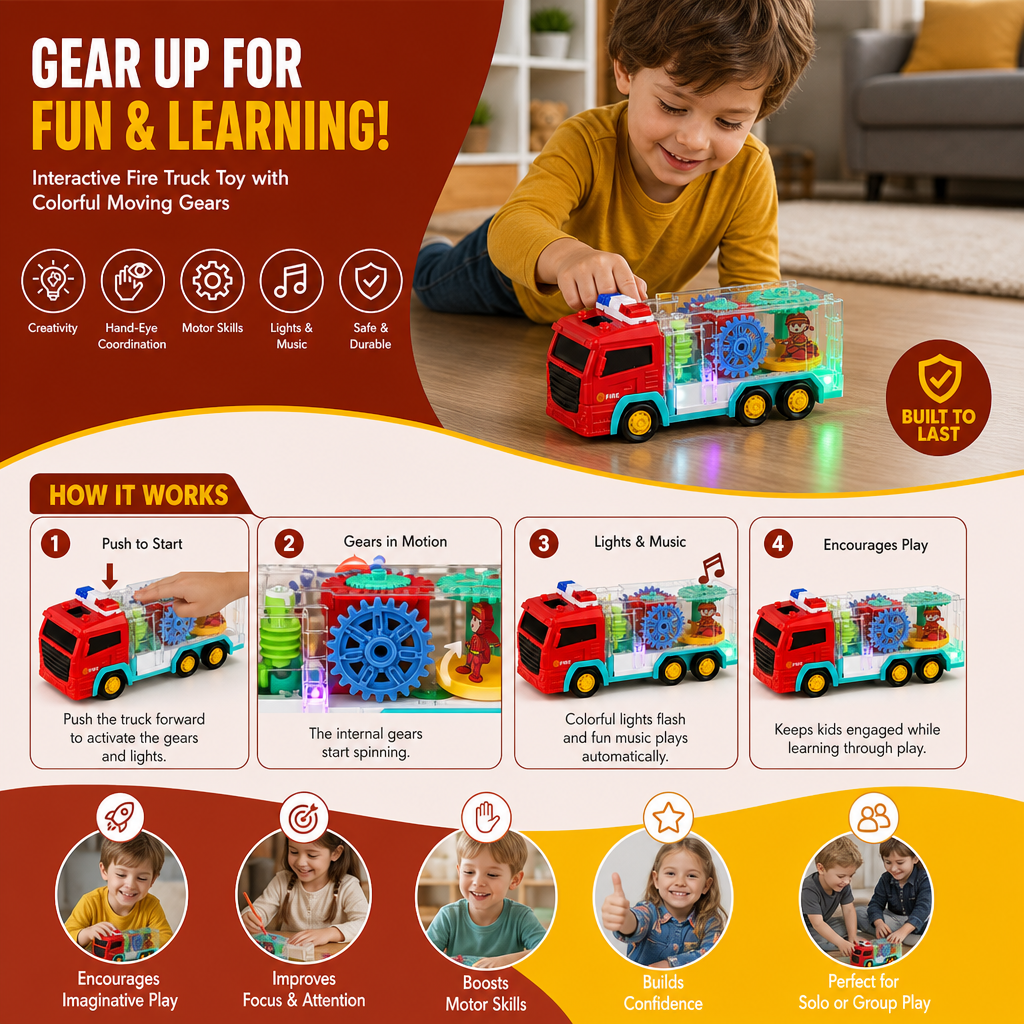 Interactive Fire Truck Toy with Colorful Moving Gears