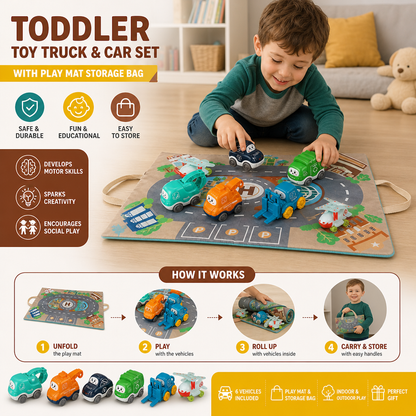 Toddler Toy Truck & Car Set with Play Mat Storage Bag