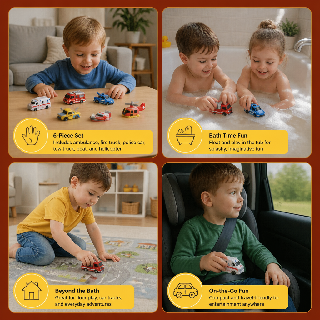 6-Pack Color-Changing Emergency Vehicle Bath Toys for Babies & Toddlers