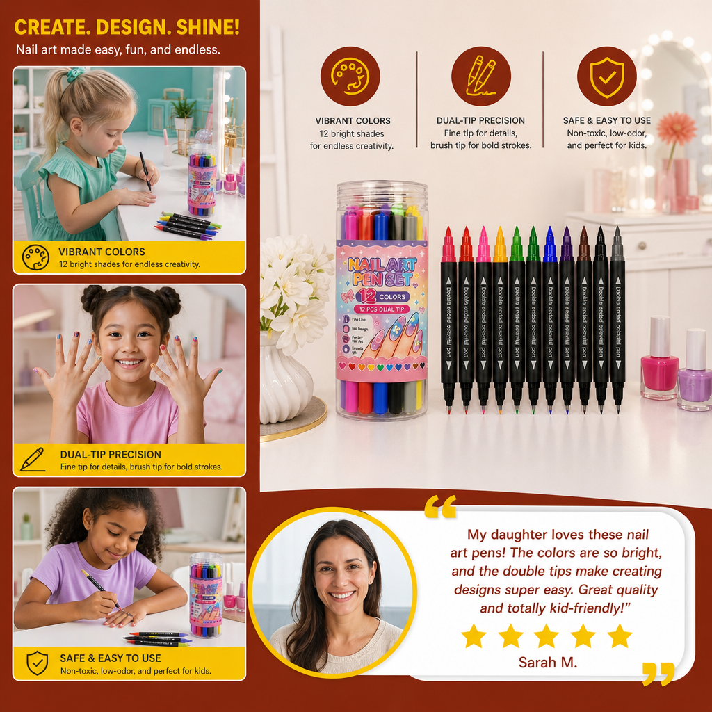 12-Color Dual-Tip Nail Art Pen Set – Fine Detail & Creative Designs