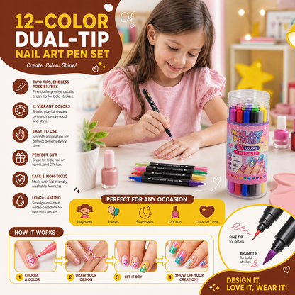 12-Color Dual-Tip Nail Art Pen Set – Fine Detail & Creative Designs