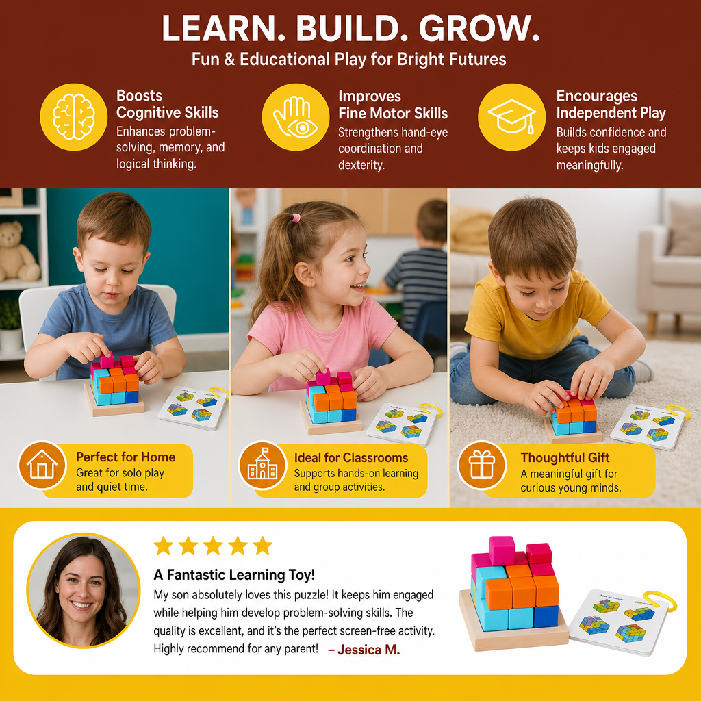 Montessori 3D Wooden Puzzle Blocks – Colorful Geometry & STEM Brain Training Game