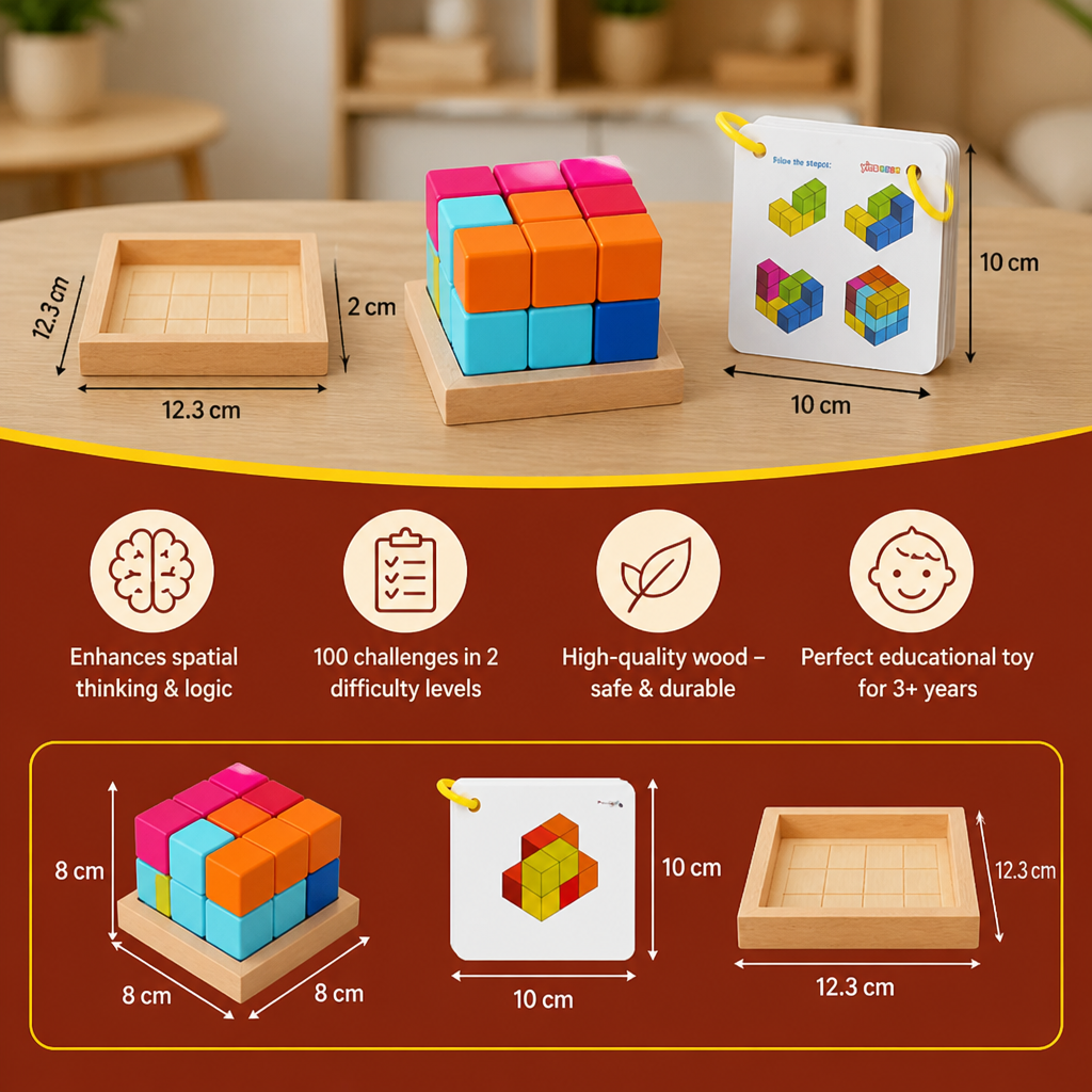 Montessori 3D Wooden Puzzle Blocks – Colorful Geometry & STEM Brain Training Game