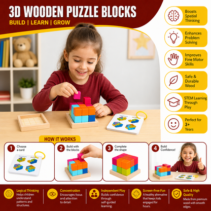 Montessori 3D Wooden Puzzle Blocks – Colorful Geometry & STEM Brain Training Game