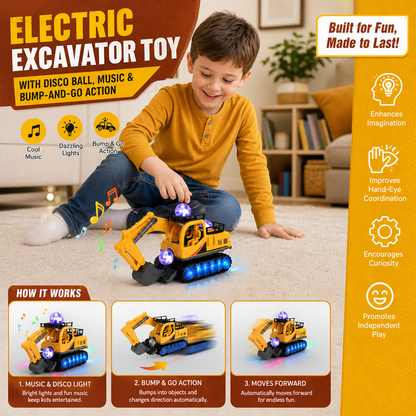 Electric Excavator Toy with Disco Ball, Music & Bump-and-Go Action