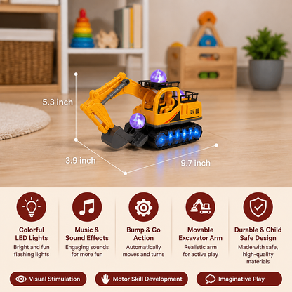 Electric Excavator Toy with Disco Ball, Music & Bump-and-Go Action