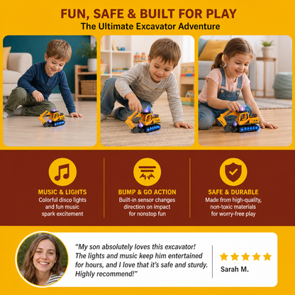 Electric Excavator Toy with Disco Ball, Music & Bump-and-Go Action