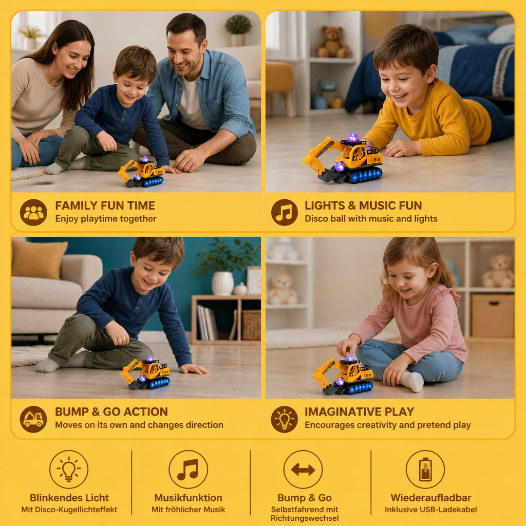Electric Excavator Toy with Disco Ball, Music & Bump-and-Go Action
