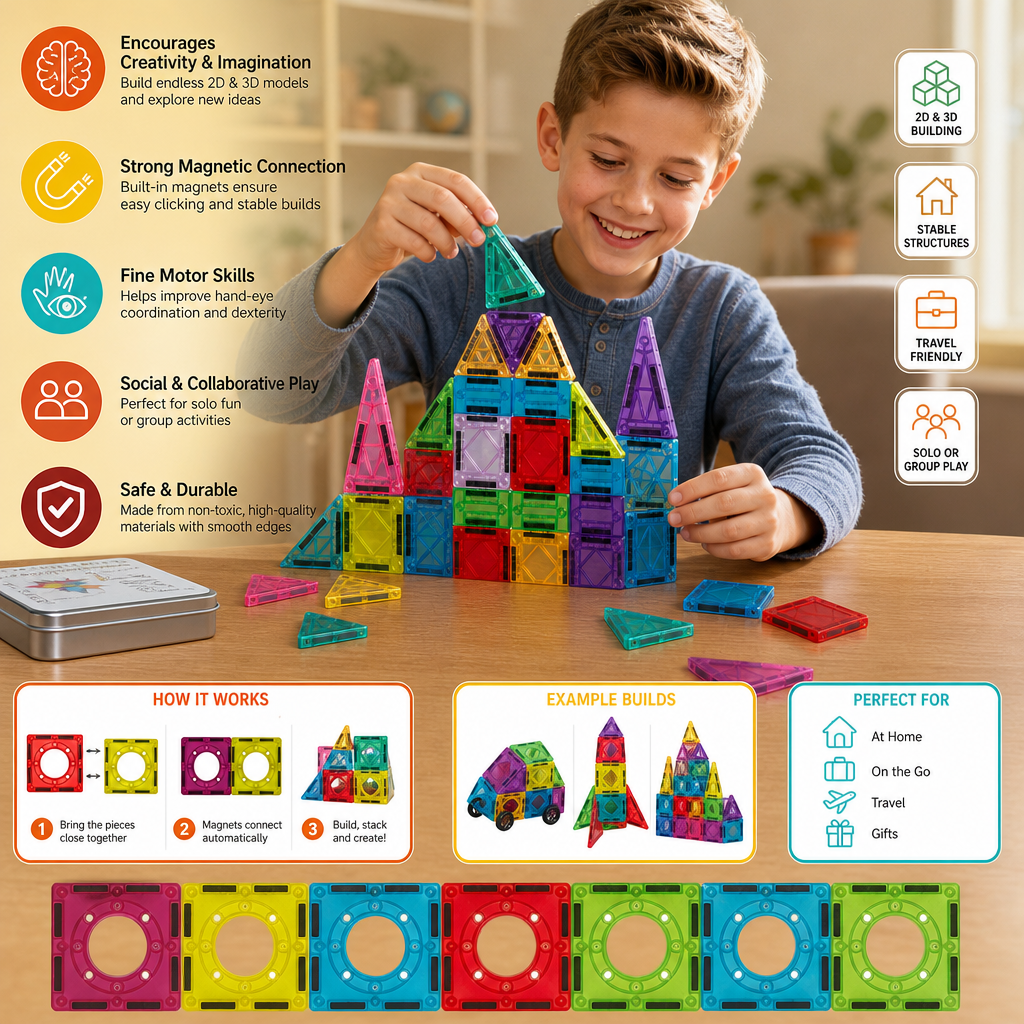 Magnetic Building Blocks Set for Kids – Travel-Friendly Storage Tin