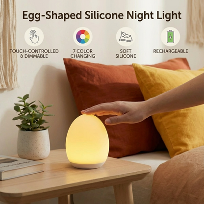 Egg-Shaped Silicone Night Light – Touch Control, 7-Colour Changing