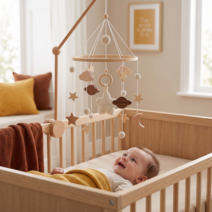 Handmade Wooden Baby Crib Mobile with Crochet Pendants – Soothing Bed Toy for Newborns