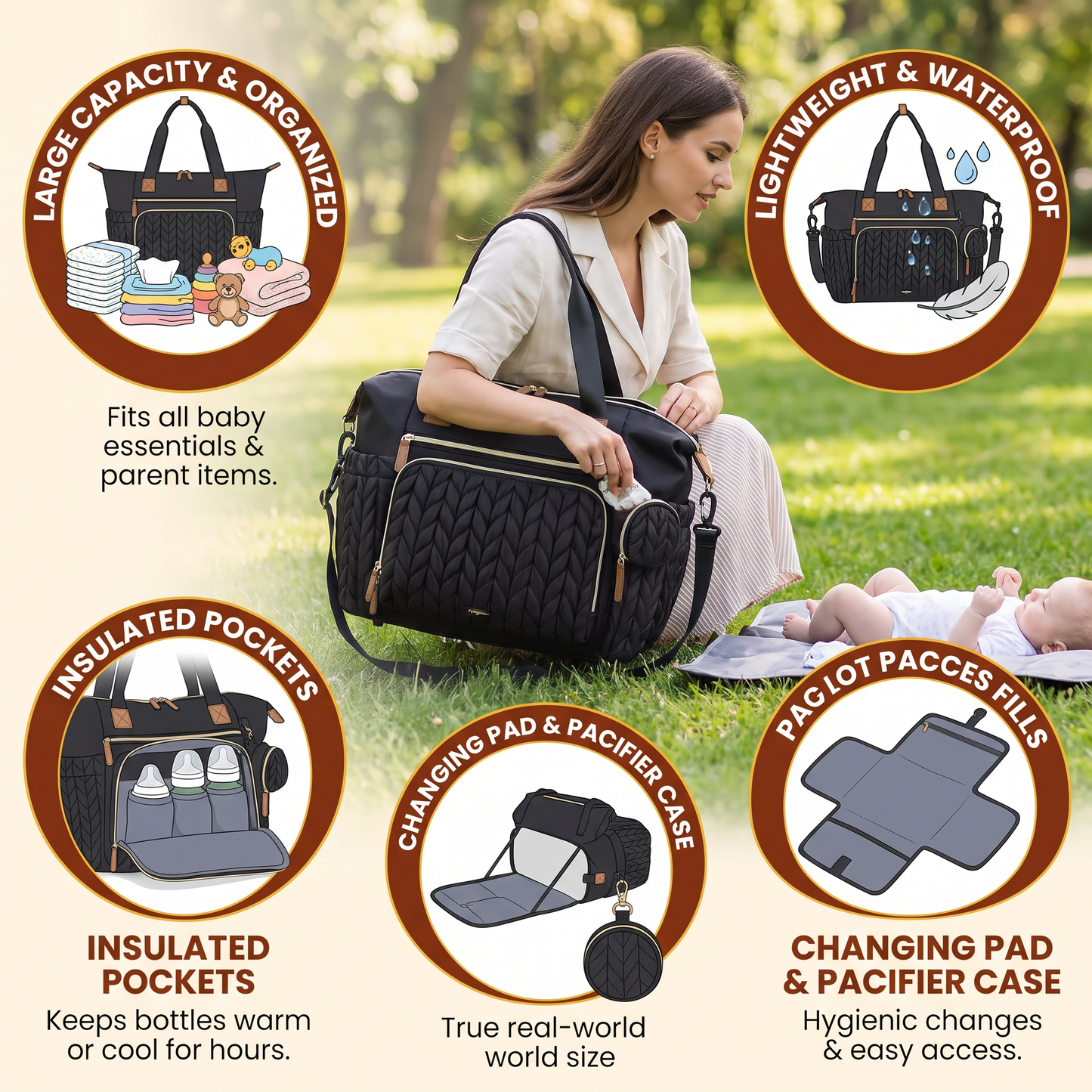 Lightweight Waterproof Diaper Tote Bag – Large Capacity with Changing Pad & Pacifier Case