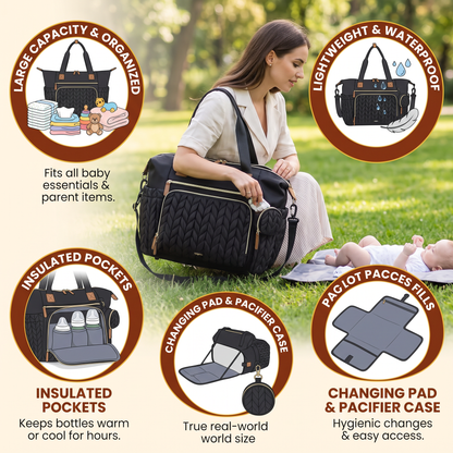 Lightweight Waterproof Diaper Tote Bag – Large Capacity with Changing Pad & Pacifier Case