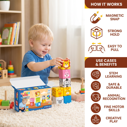 Toddler-Safe 4.2 cm Safari Animal Magnetic Building Cubes – STEM Learning Blocks