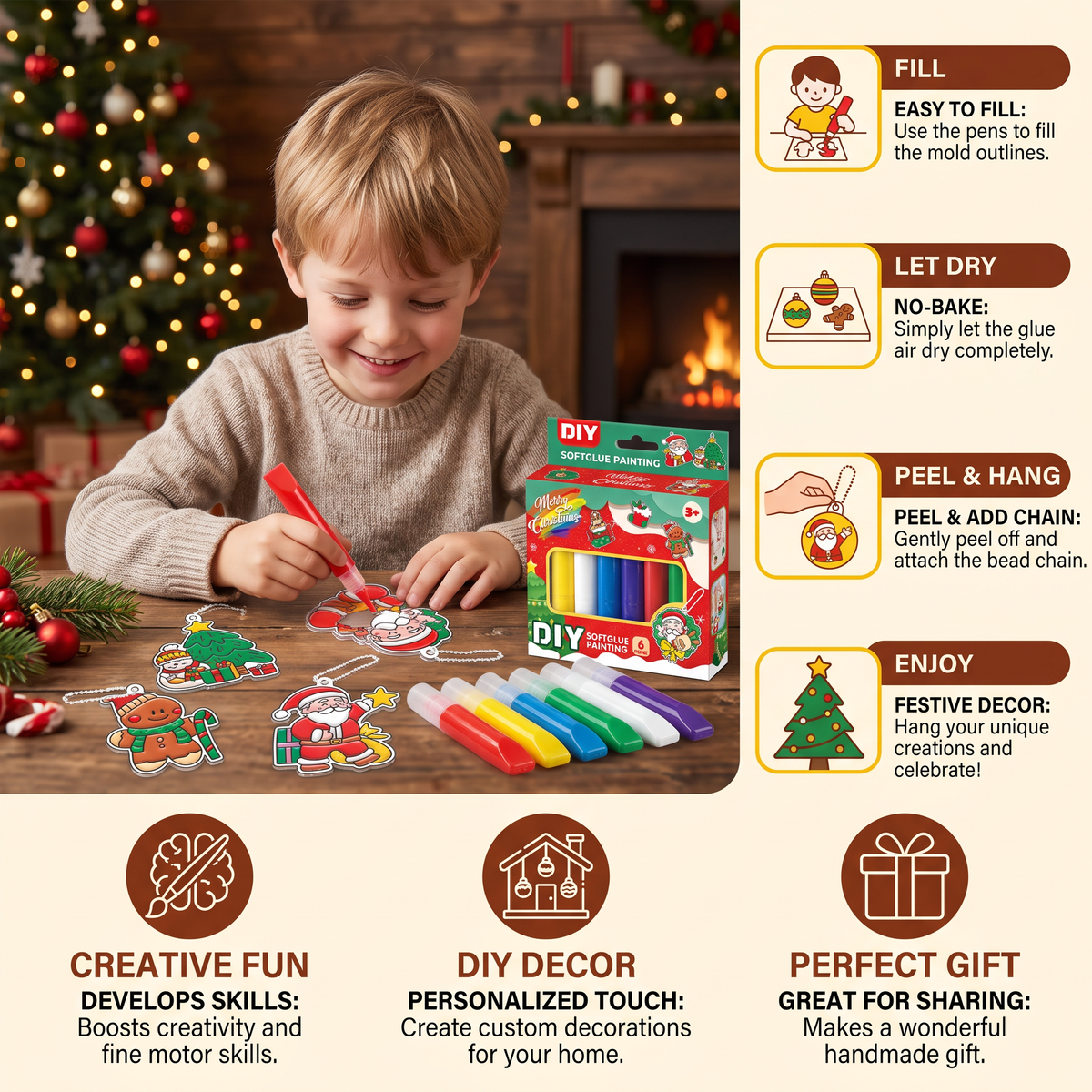 DIY Christmas No-Bake Glue Painting Ornament Craft Kit for Kids