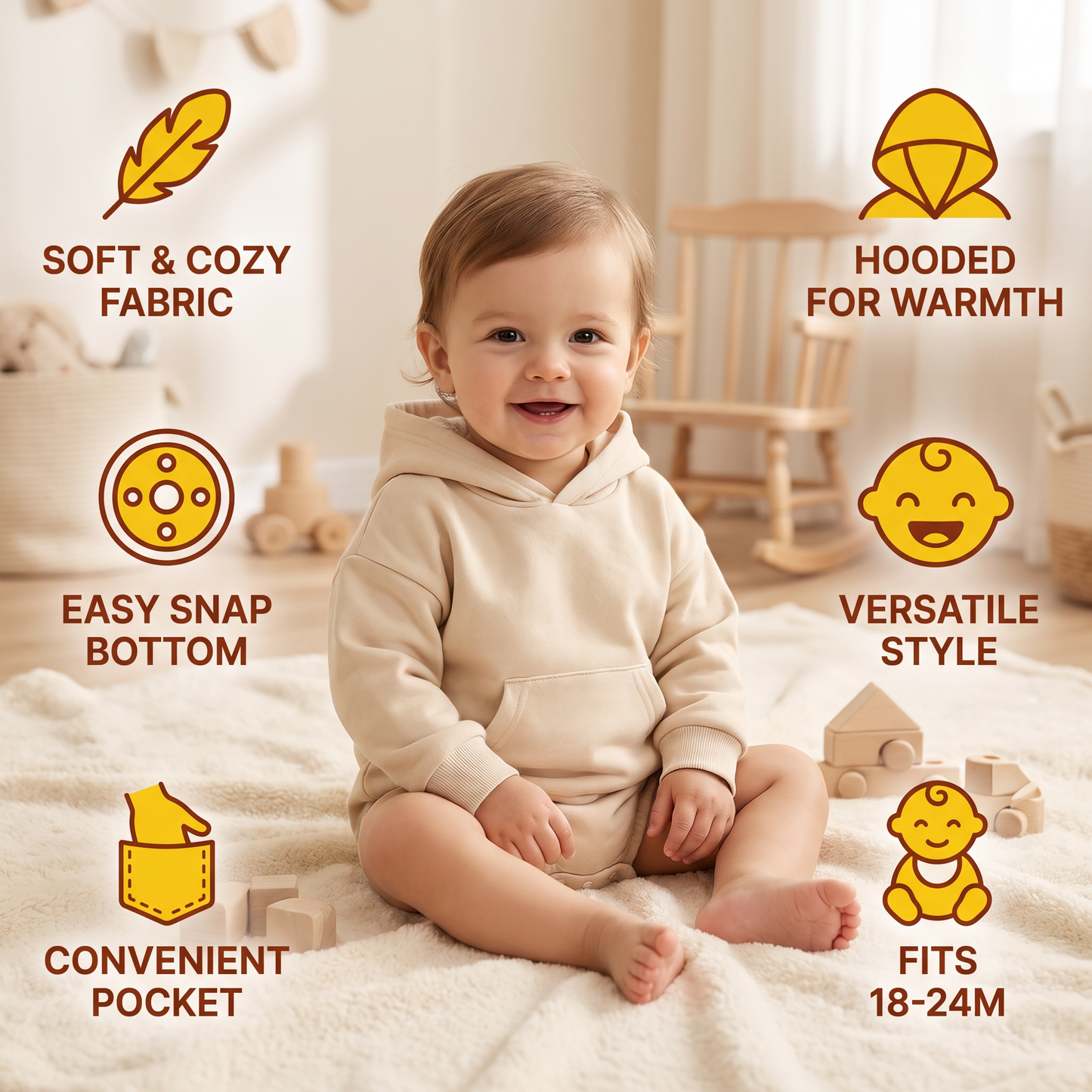Hooded Baby Romper – Soft Long Sleeve Onesie with Front Pocket