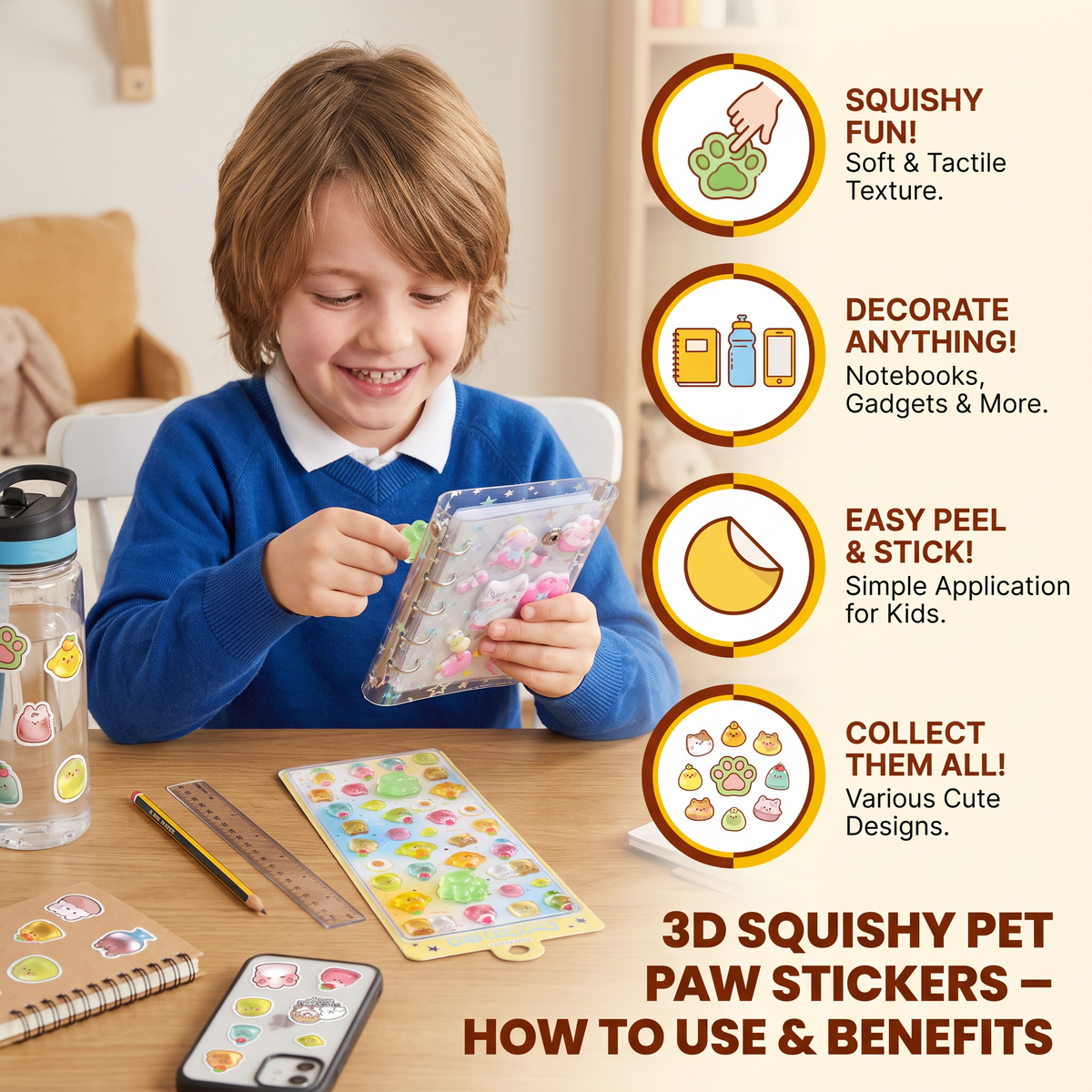 3D Squishy Pet Paw Stickers – Cute Puffy Stickers for Kids