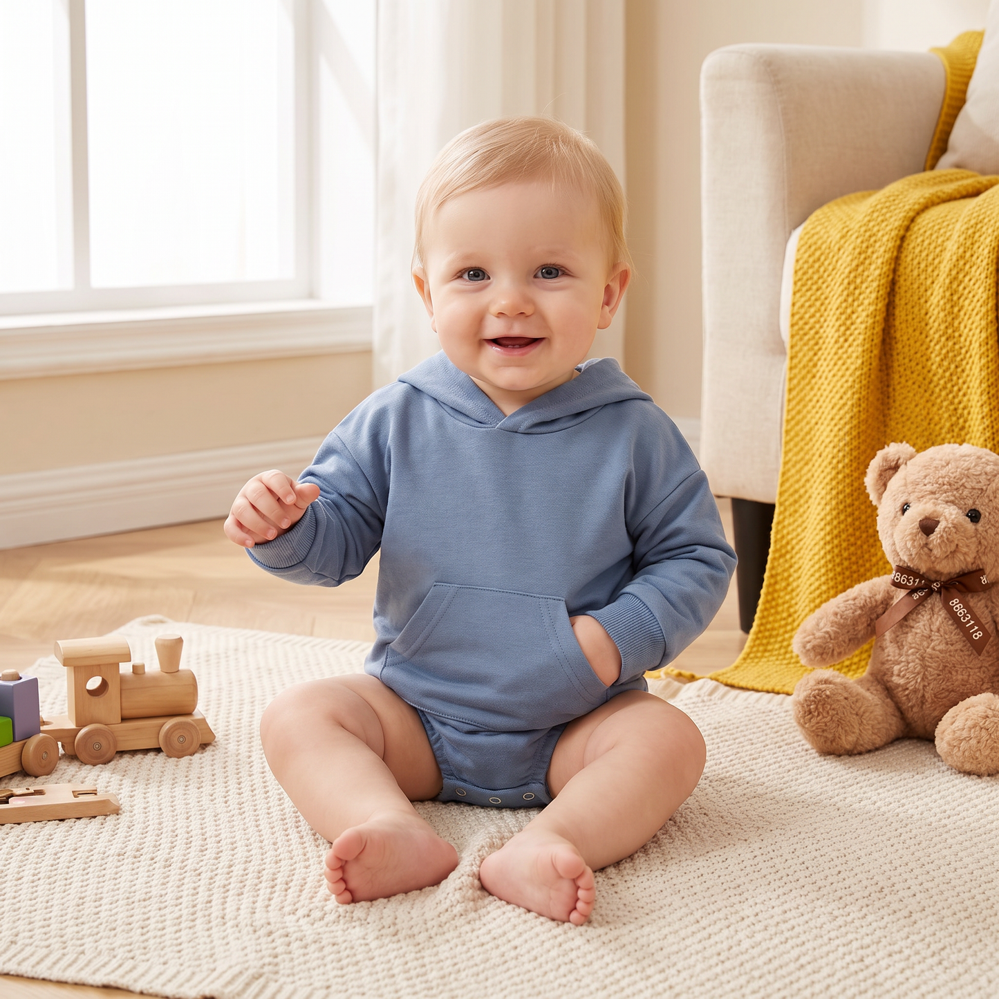 Hooded Baby Romper – Soft Long Sleeve Onesie with Front Pocket