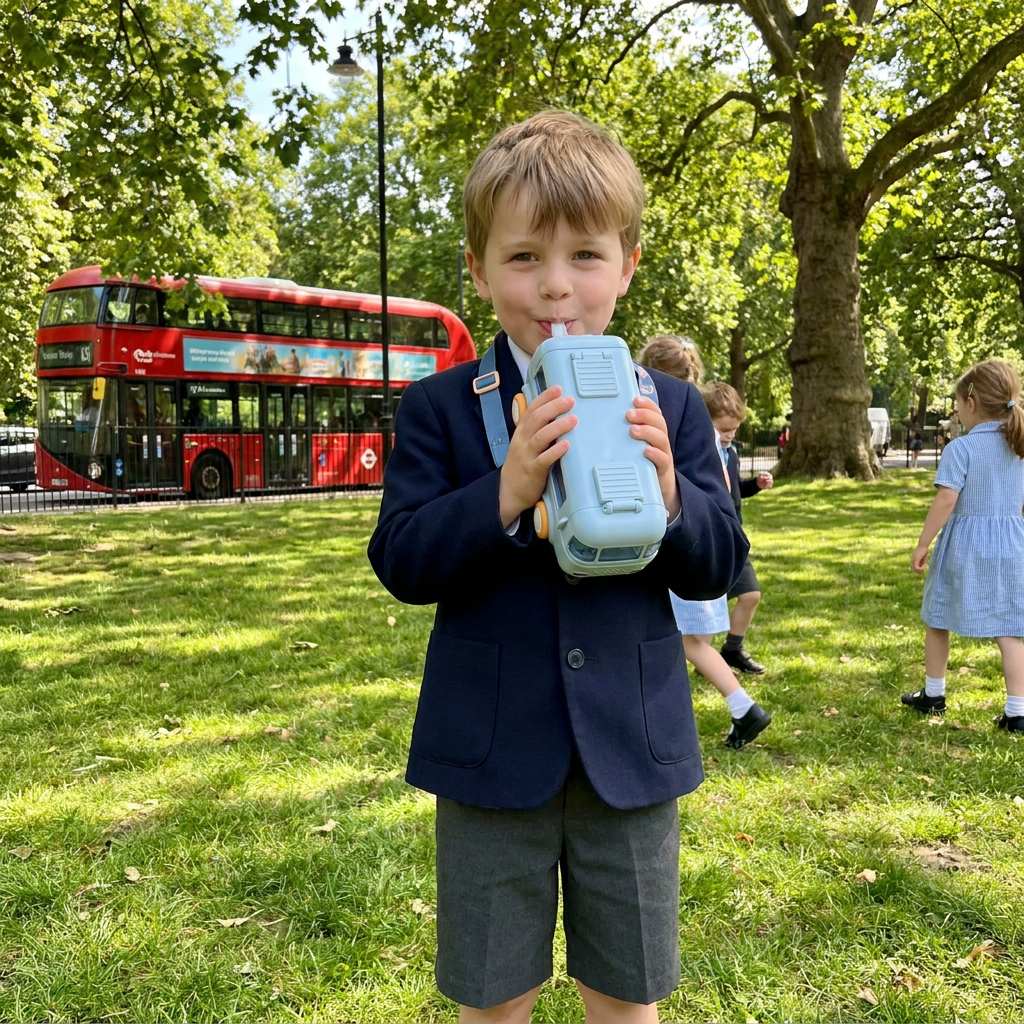 Kids Bus Shaped Water Bottle with Straw and Adjustable Strap