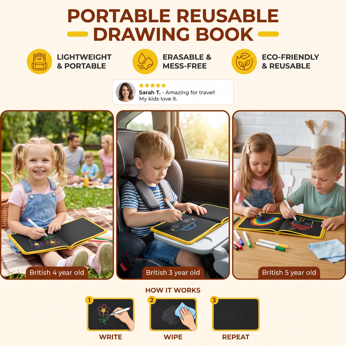 Portable reusable drawing book for children