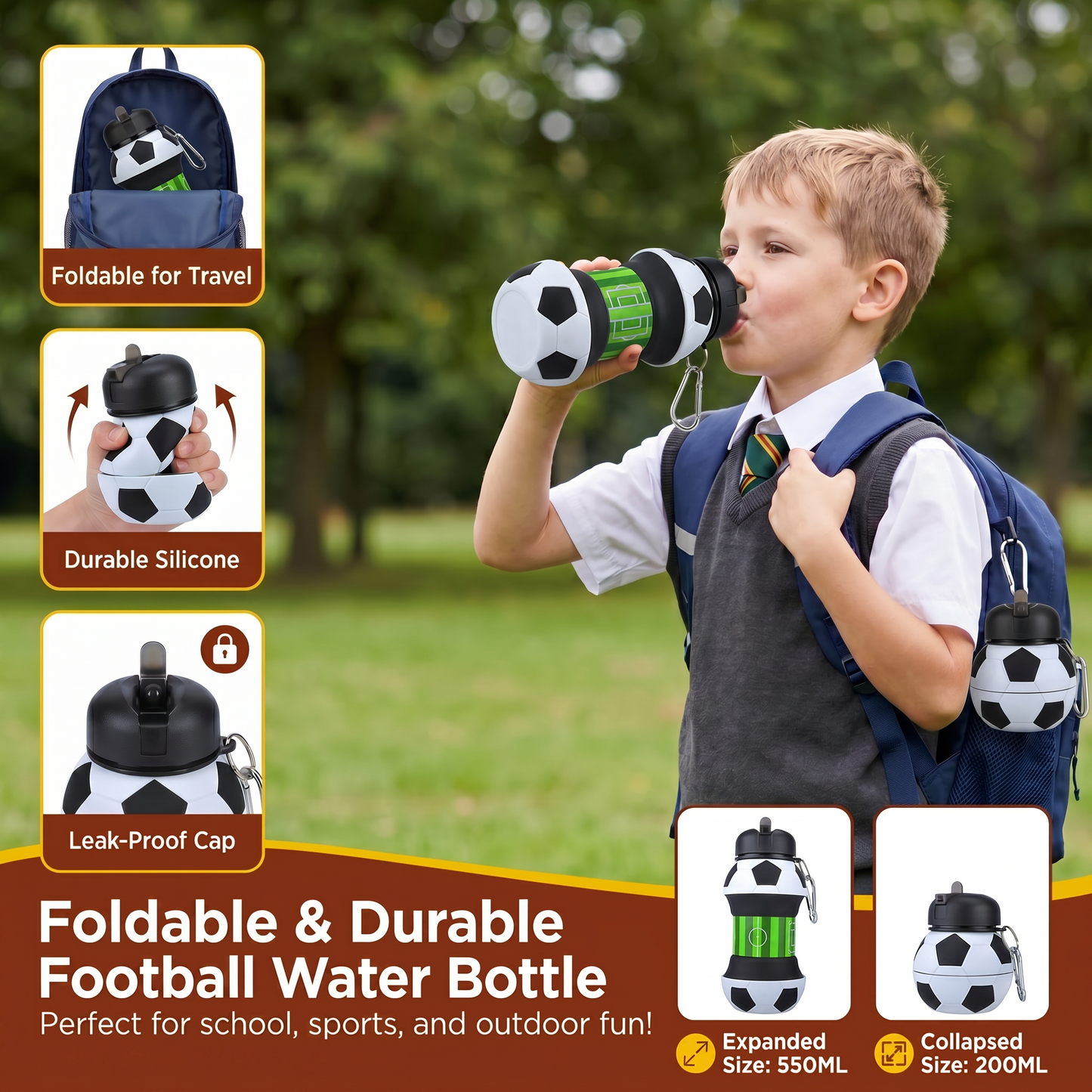 Foldable & Durable Silicone Football Water Bottle