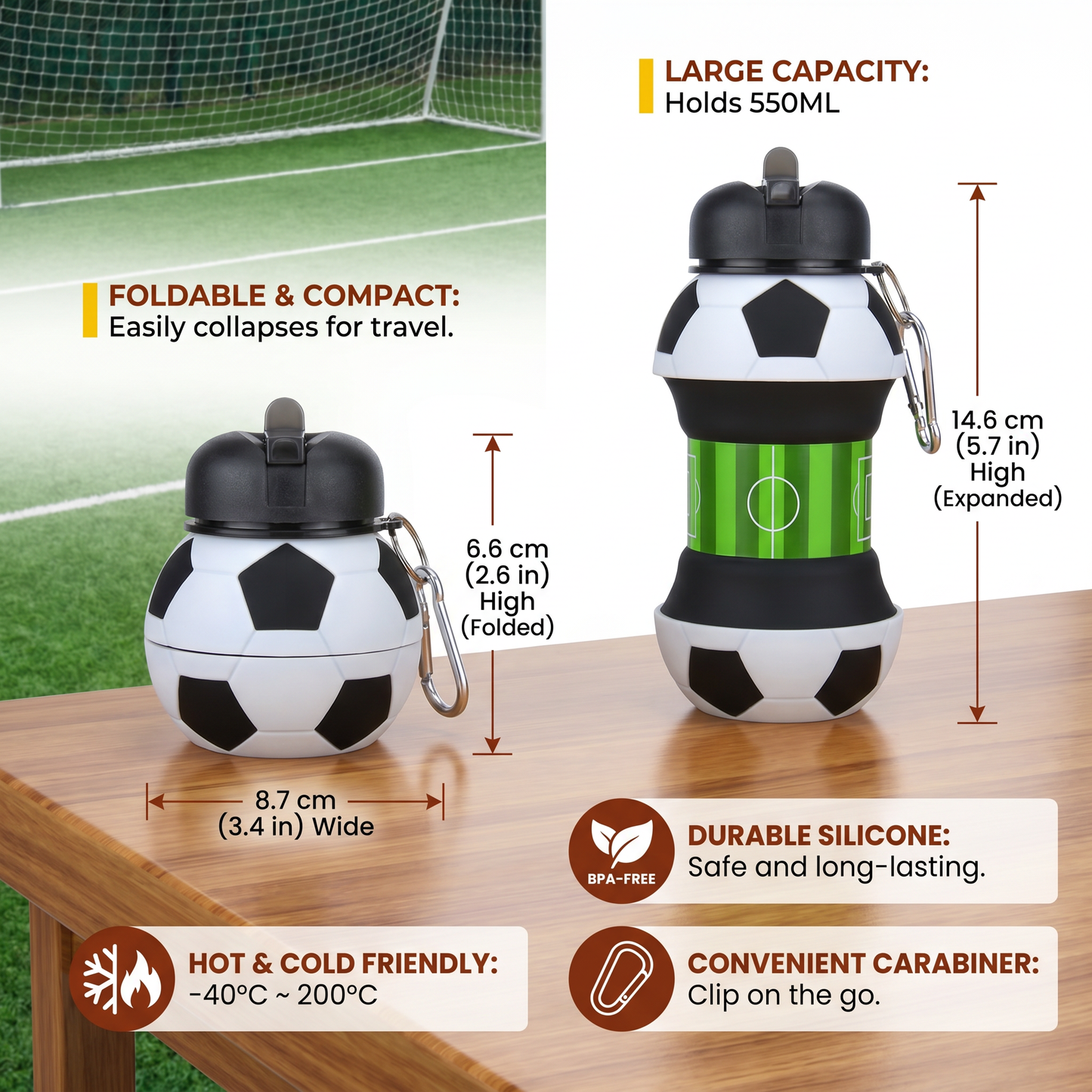 Foldable & Durable Silicone Football Water Bottle