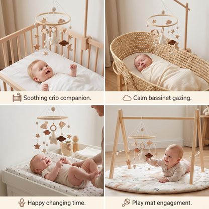 Handmade Wooden Baby Crib Mobile with Crochet Pendants – Soothing Bed Toy for Newborns