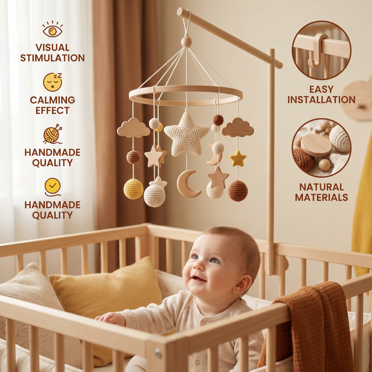Handmade Wooden Baby Crib Mobile with Crochet Pendants – Soothing Bed Toy for Newborns