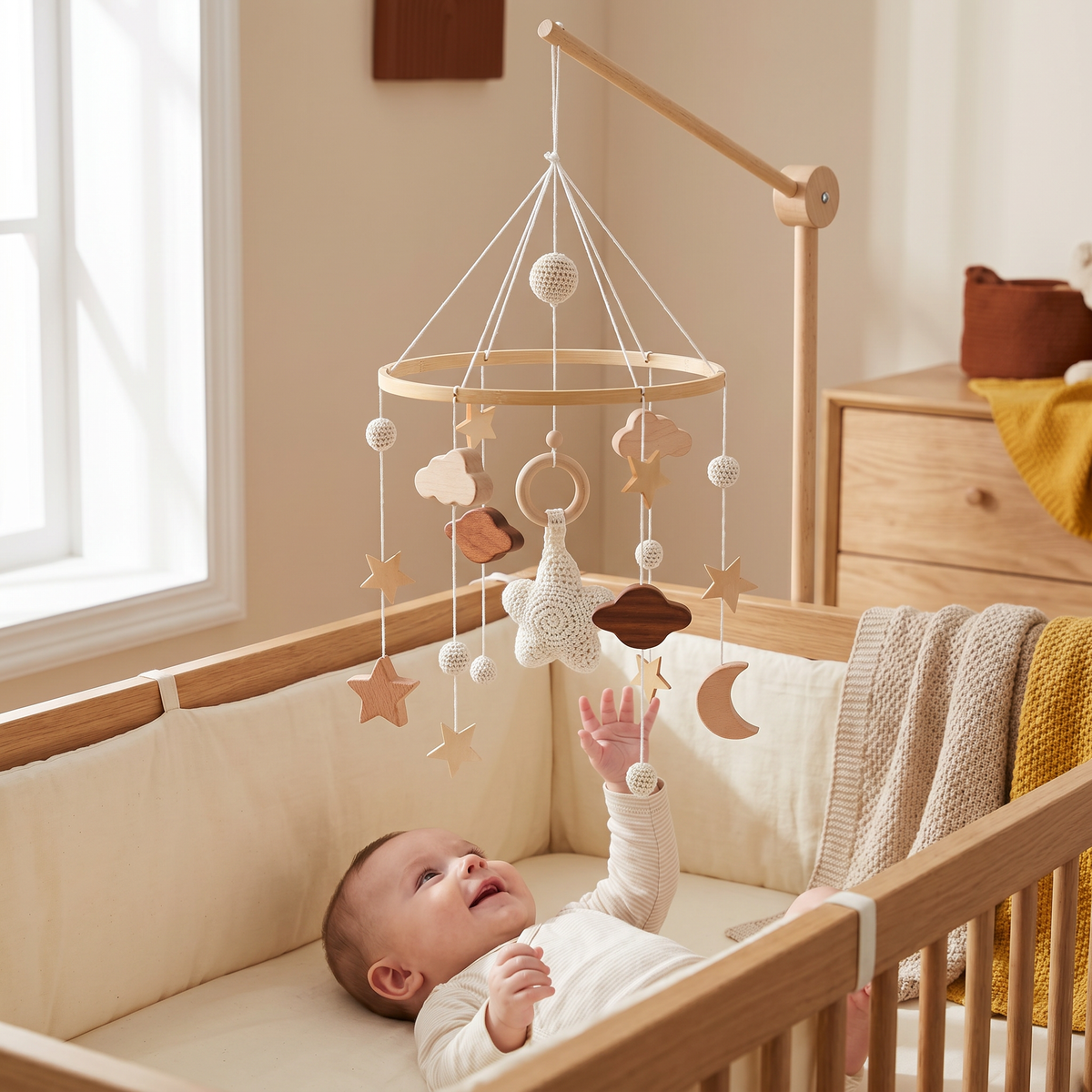 Handmade Wooden Baby Crib Mobile with Crochet Pendants – Soothing Bed Toy for Newborns