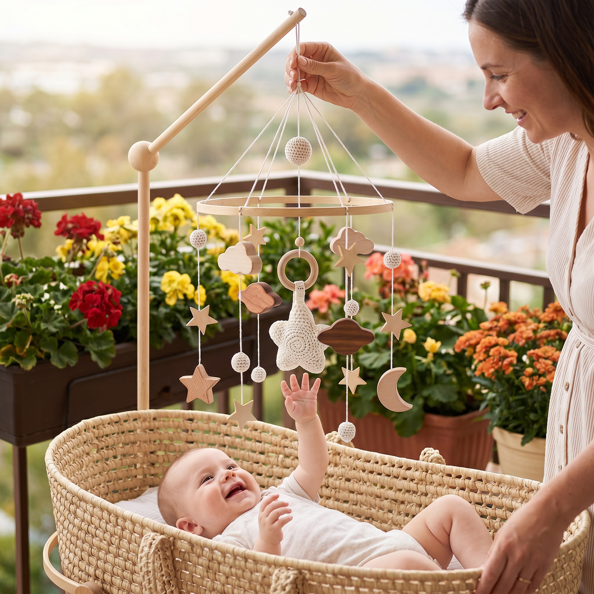 Handmade Wooden Baby Crib Mobile with Crochet Pendants – Soothing Bed Toy for Newborns