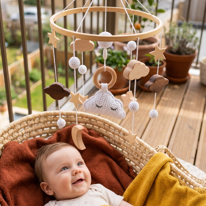 Handmade Wooden Baby Crib Mobile with Crochet Pendants – Soothing Bed Toy for Newborns
