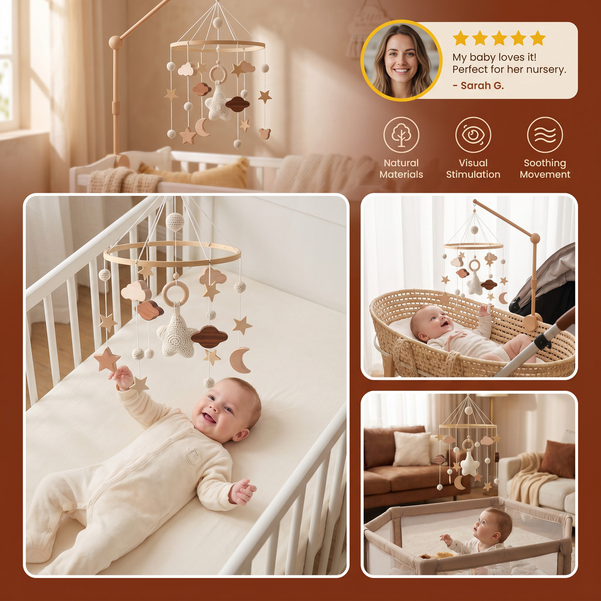 Handmade Wooden Baby Crib Mobile with Crochet Pendants – Soothing Bed Toy for Newborns
