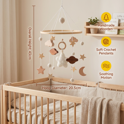 Handmade Wooden Baby Crib Mobile with Crochet Pendants – Soothing Bed Toy for Newborns