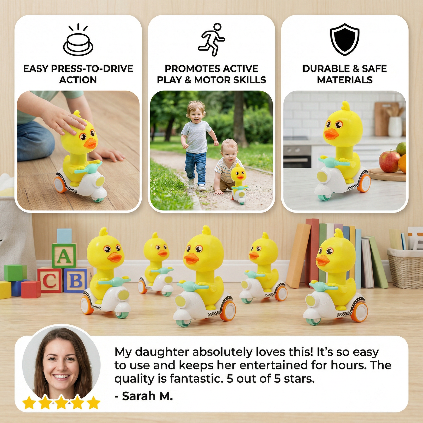 Yellow Duck Push & Go Toy – Fun Kids Scooter with Press-to-Drive Action